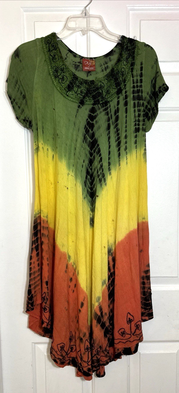 NF Embroided Flowy Beachy Dress Green Yellow Orange Boho Whimsy Artsy Fallcore